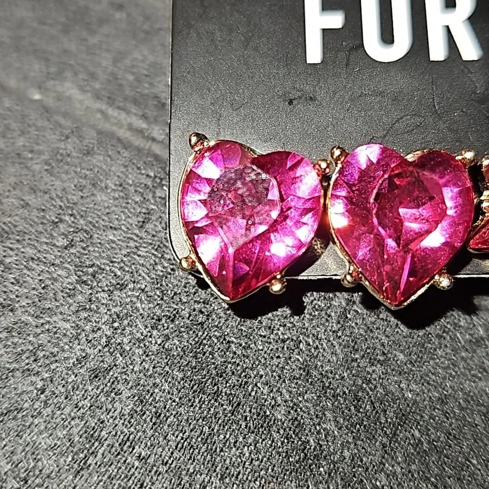 Forever 21 Juniors Pierced Gold Pink Heart Rhinestone Star Studs Hoops Earrings